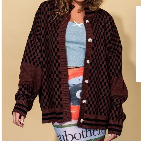 Dressed in LALA Brown Checkered Cardigan - Picture 2 of 8